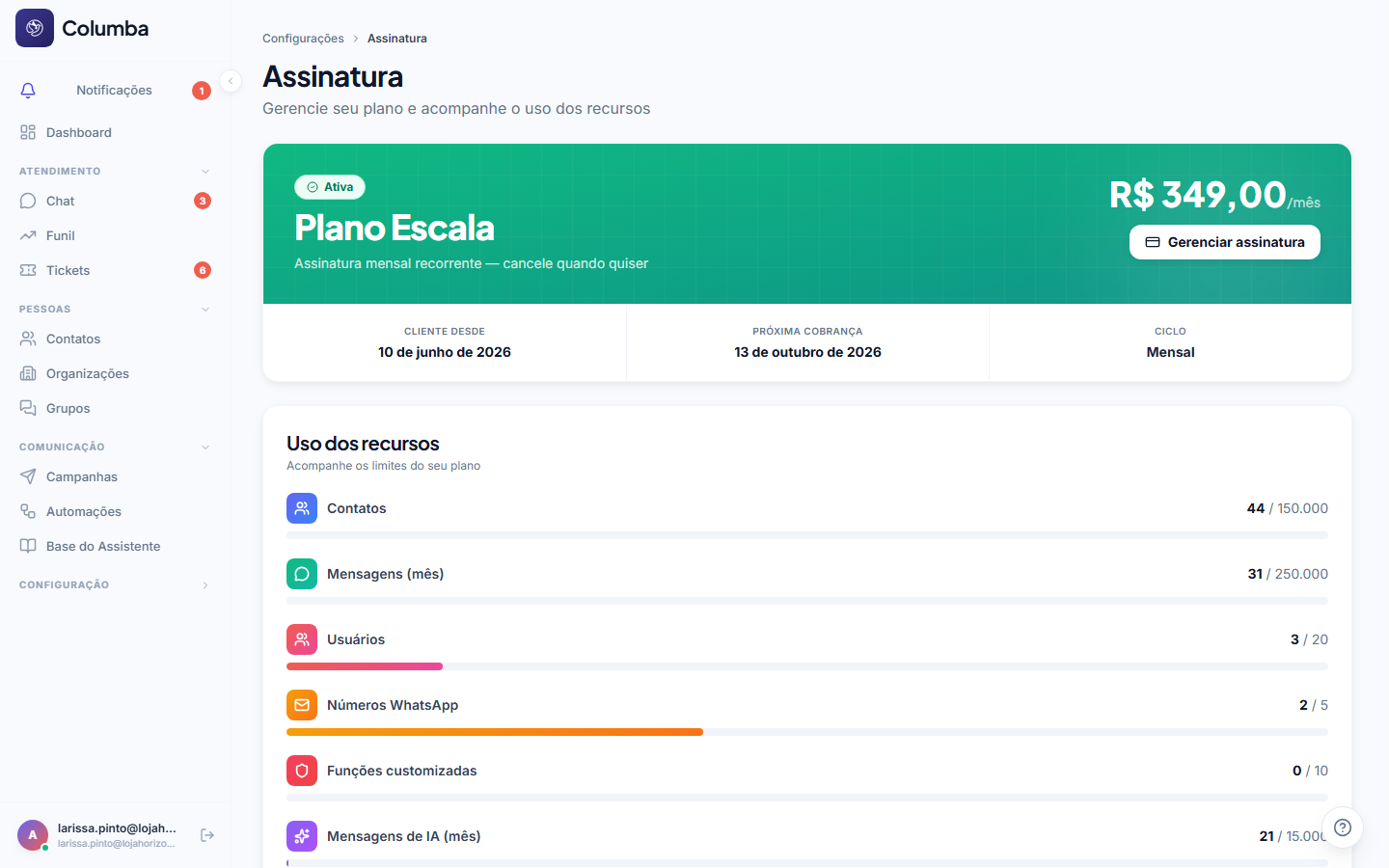Tela de Assinatura com o plano atual e o uso dos limites