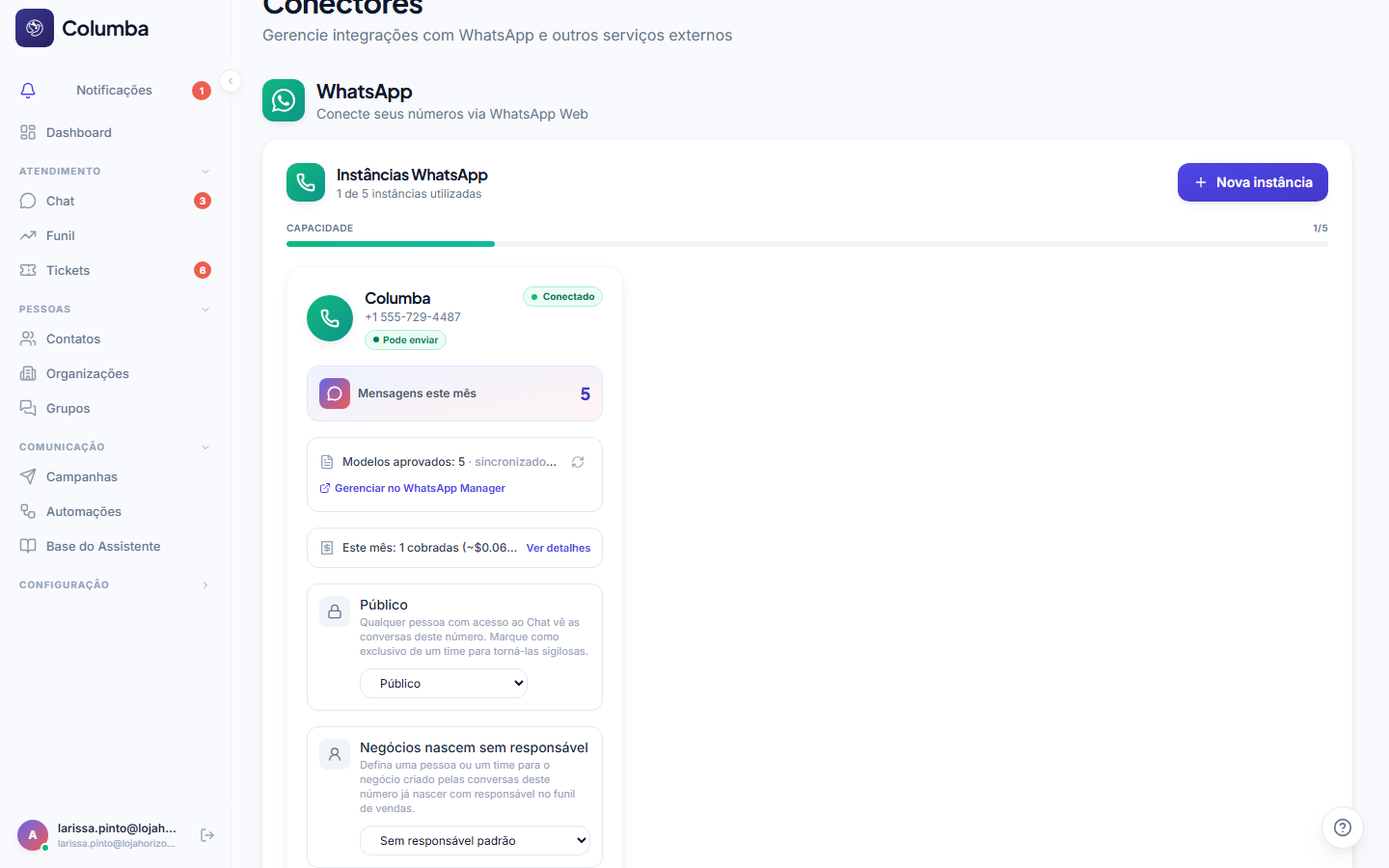 Página de Conectores com a lista de números de WhatsApp