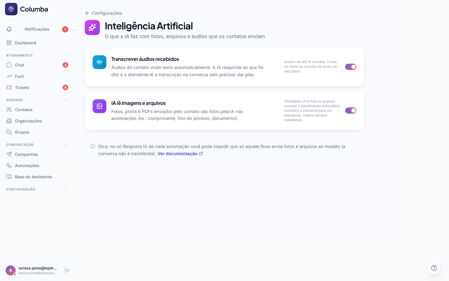 Card Inteligência Artificial em Configurações