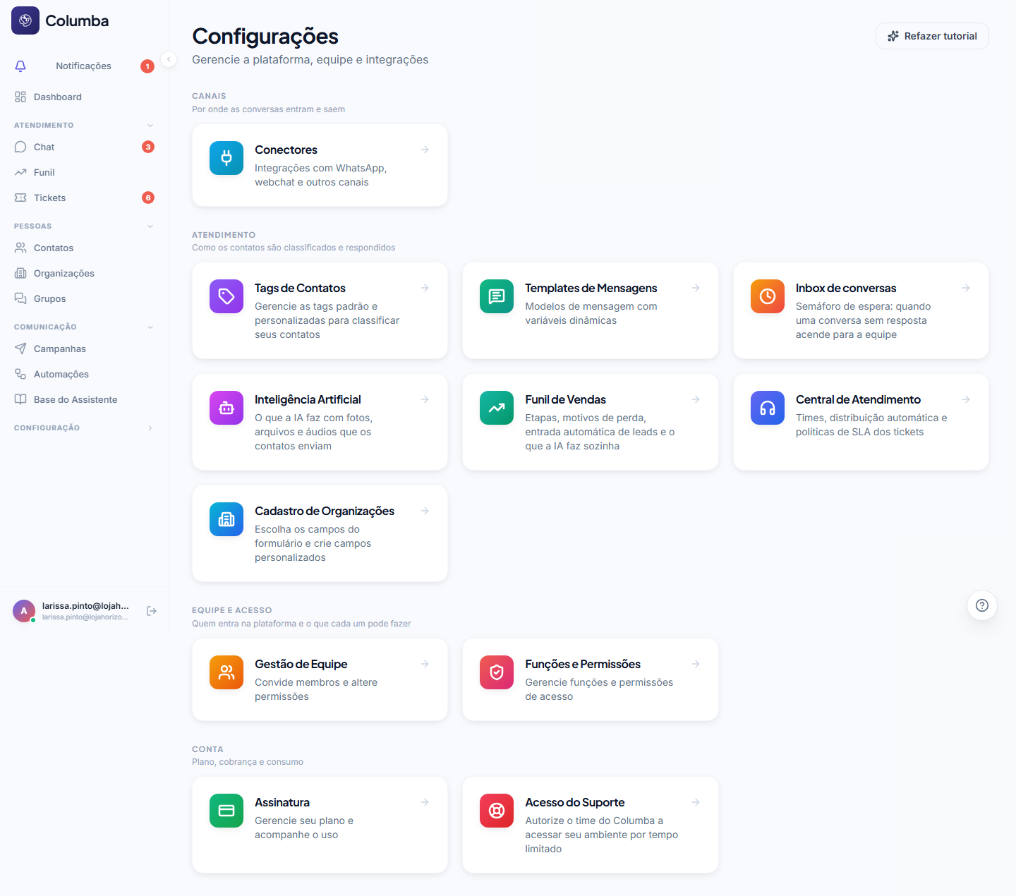 Tela de Configurações com os cards agrupados em Canais, Atendimento, Equipe e acesso e Conta
