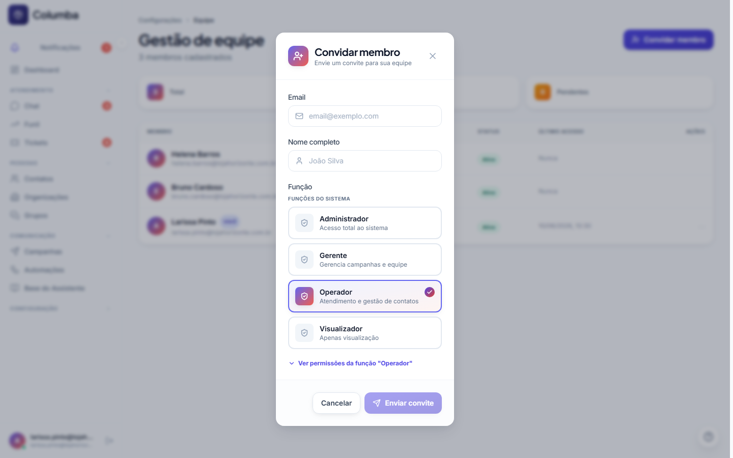 Formulário Convidar membro com e-mail, nome e função