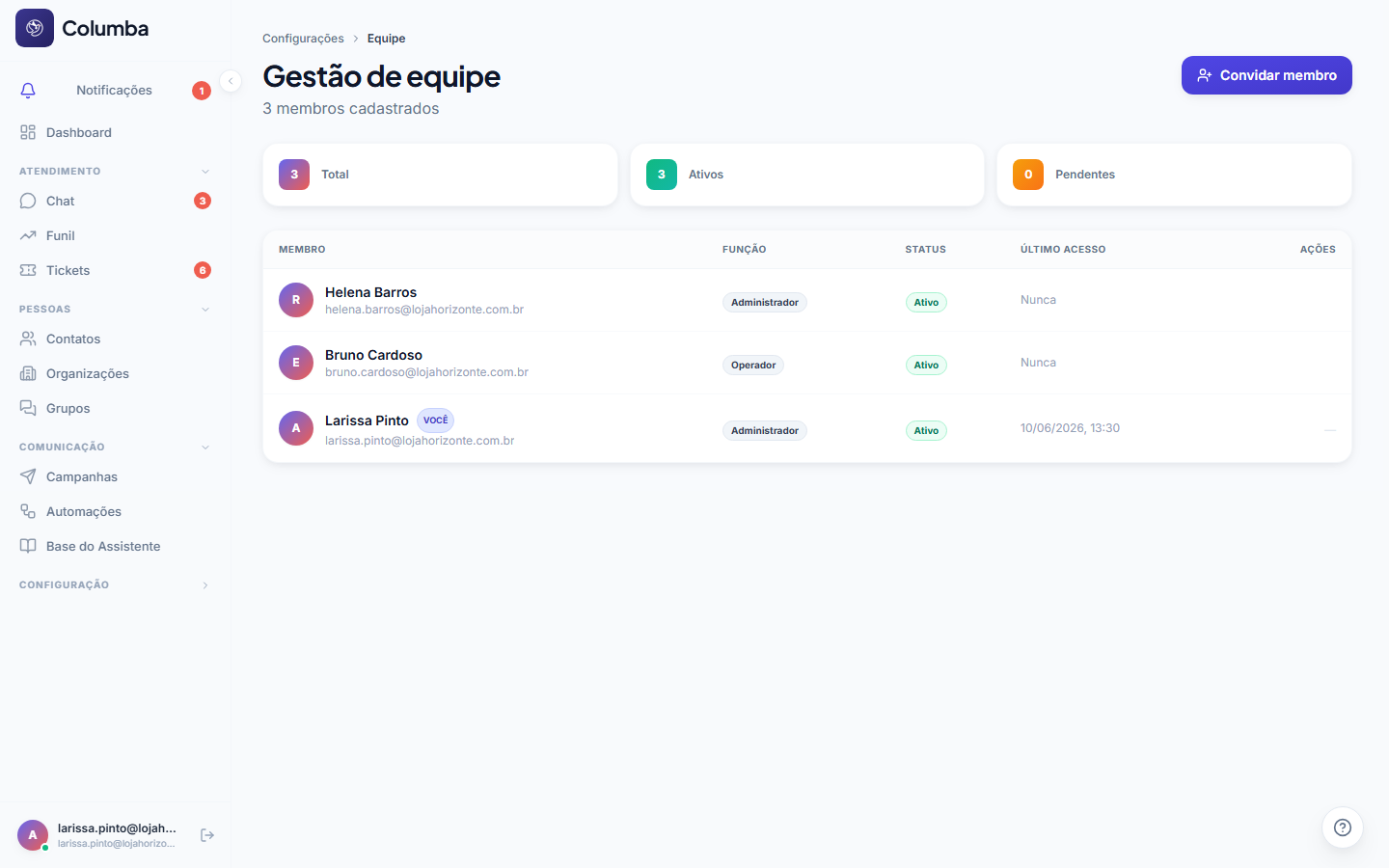 Gestão de Equipe com a lista de membros, função, status e último acesso