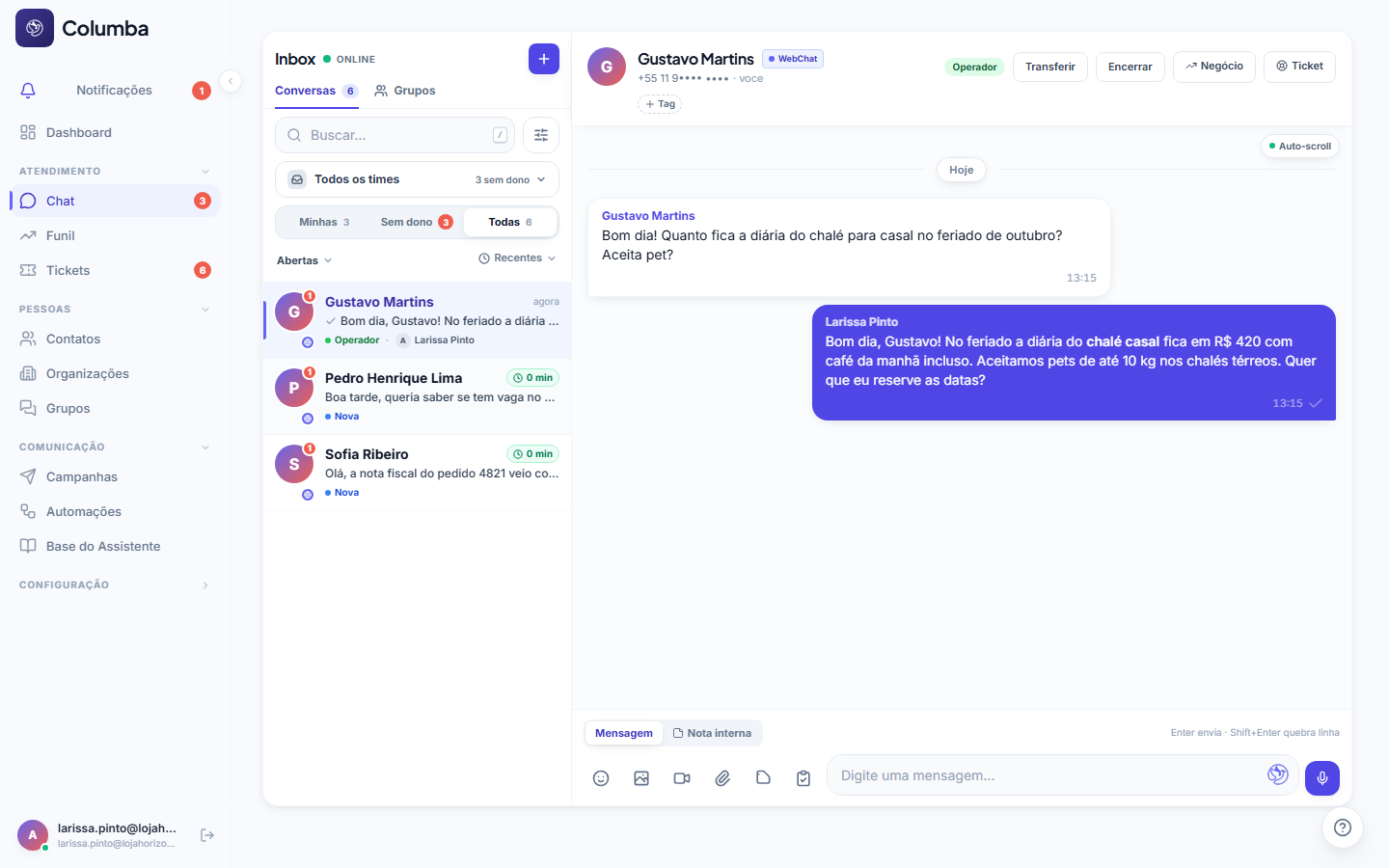 Chat do Columba com a primeira conversa recebida