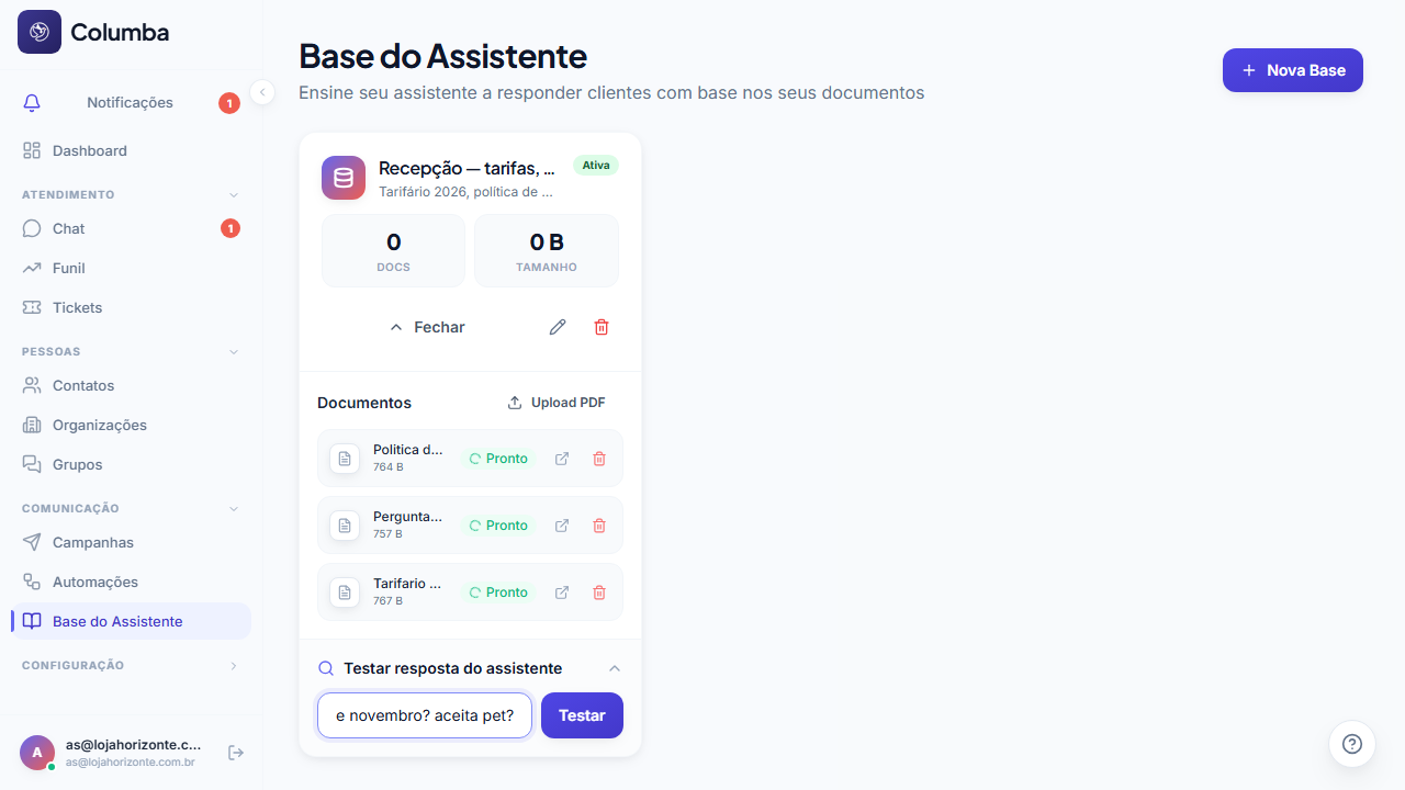 Painel Testar resposta do assistente com uma pergunta de cliente