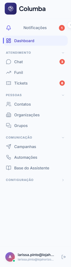Menu lateral do Columba com os grupos Atendimento, Pessoas, Comunicação e Configuração