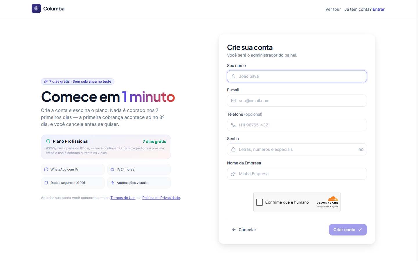 Tela de cadastro do Columba com os campos nome, e-mail, telefone, senha e nome da empresa