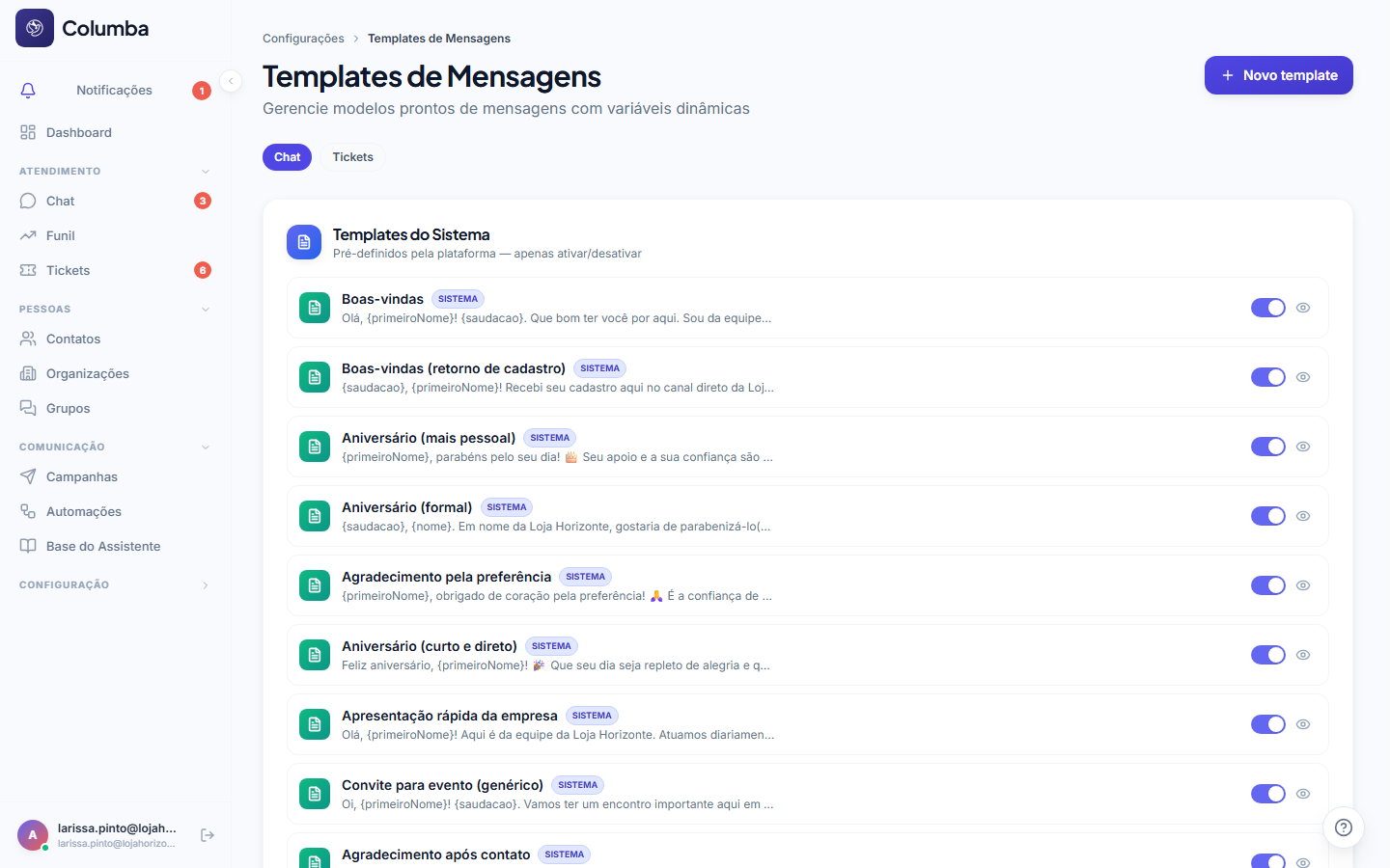 Templates de Mensagens com os templates do sistema e os personalizados