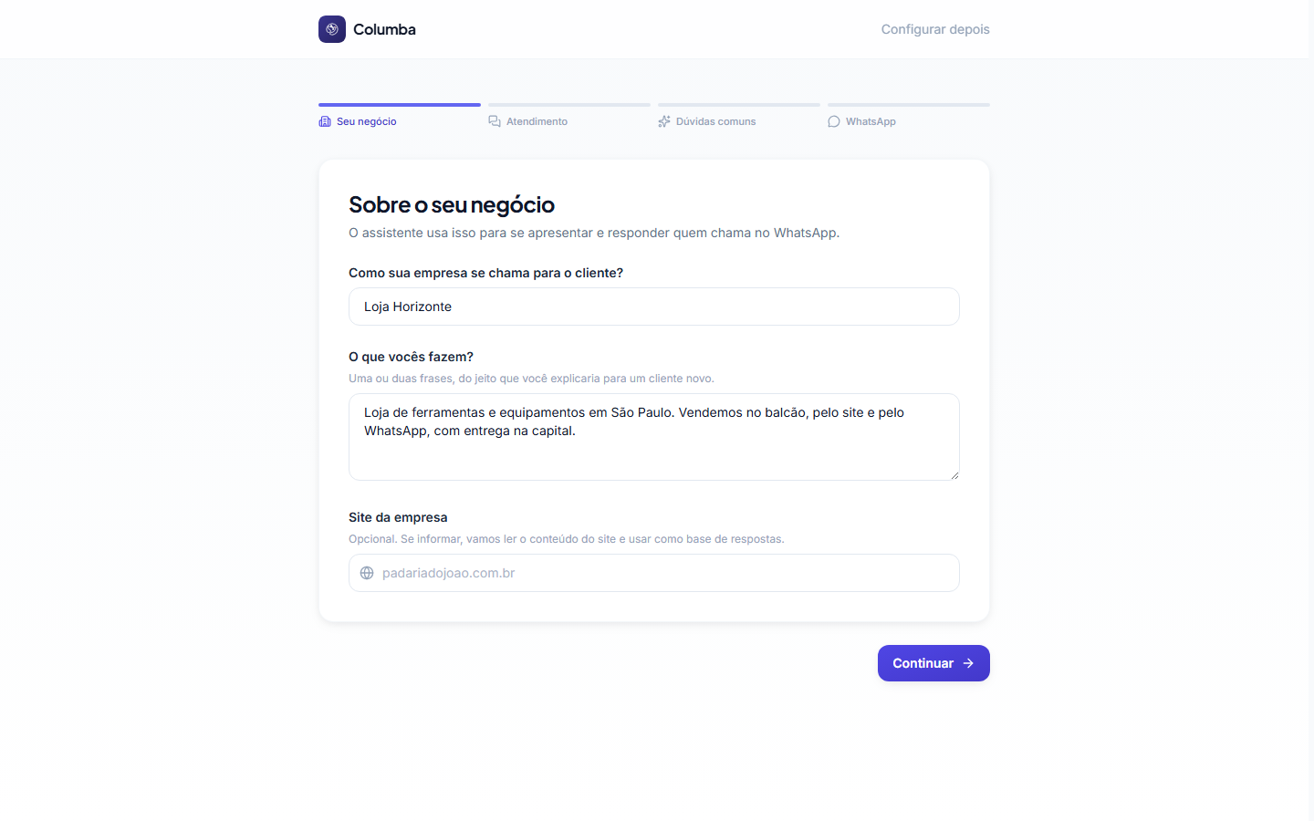 Passo Seu negócio do assistente de configuração inicial