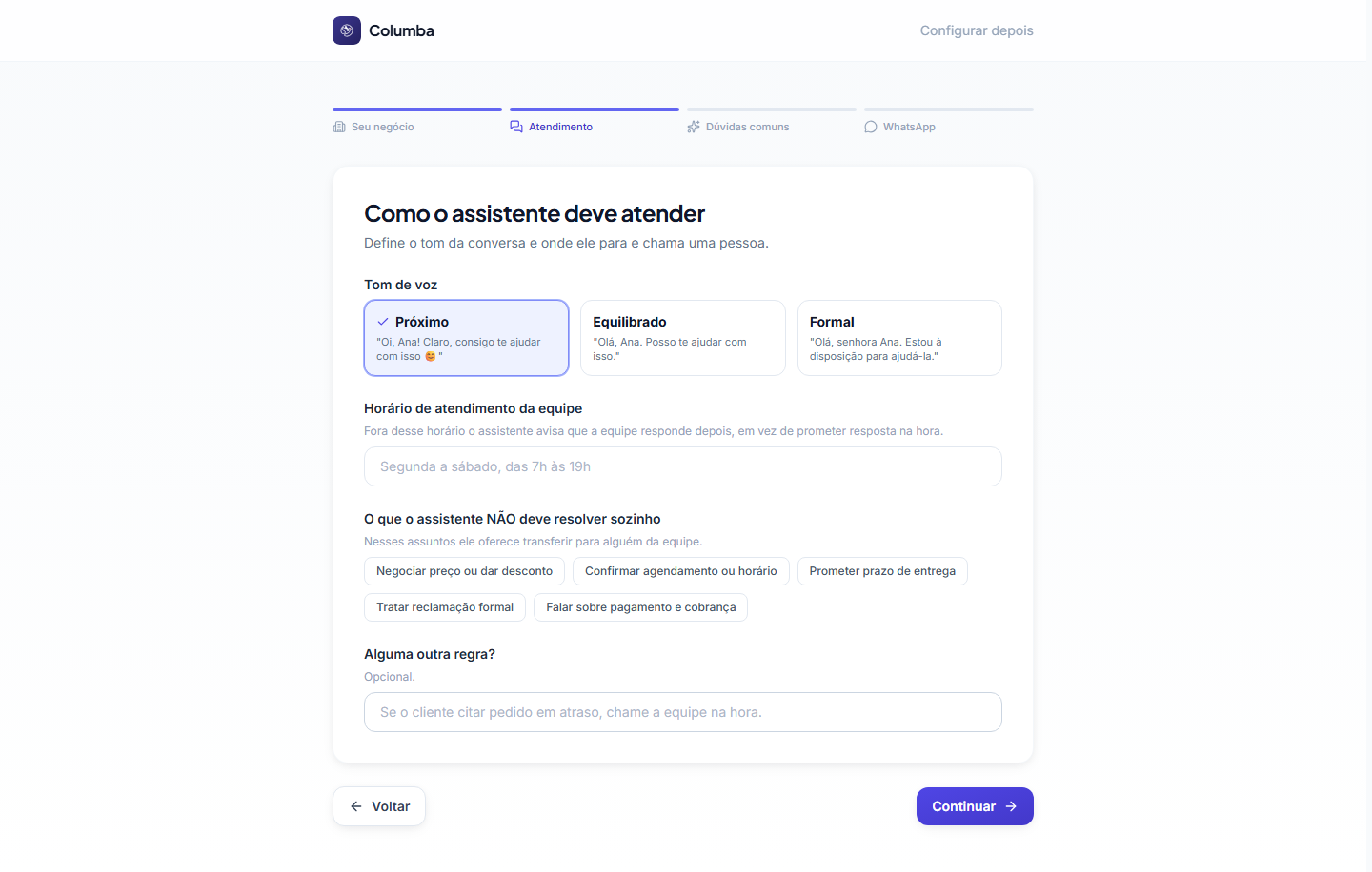 Passo Atendimento: tom de voz, horário e limites do assistente